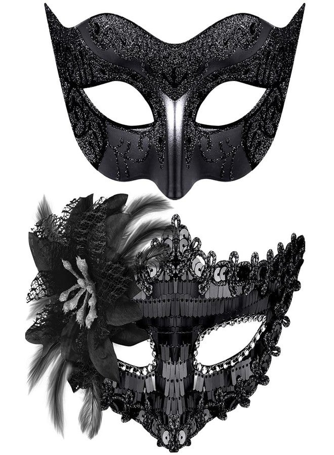 PATPAT® 2 Pack Black Masquerade Mask for Women & Men, Venetian Carnival Halloween Cosplay Party Mask, Couple Venetian Masks Sequin Face Cover Masks for Party Night Club Carnivals Masquerade Balls - Image 1